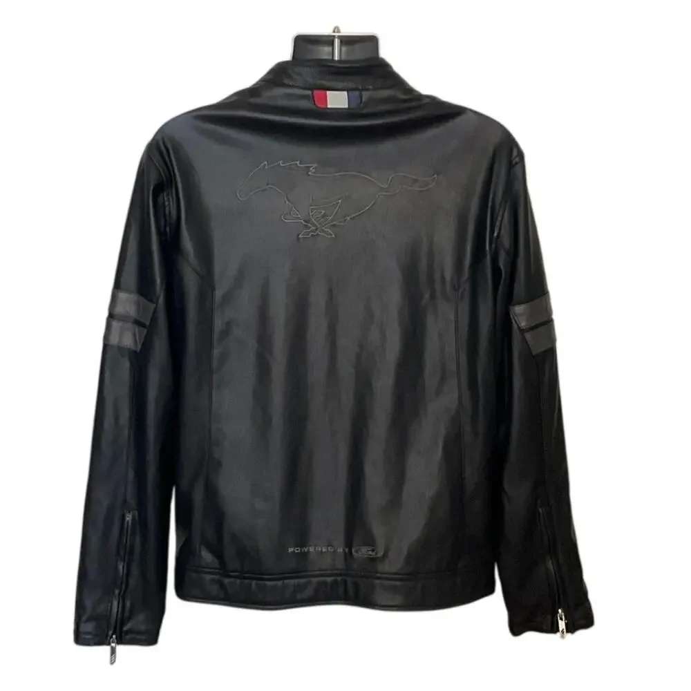 Ford Mustang Faux Leather Jacket Men’s XL Black Full Zip Embroidered Moto Coat